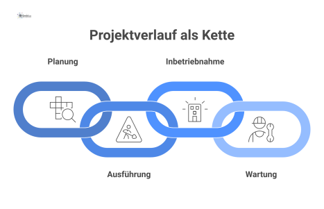 Ein Kettendiagramm visualisiert den Projektverlauf von Planung bis Betrieb mit Prüffeldern, die Phasenbrüche überbrücken und Kontinuität sichern.