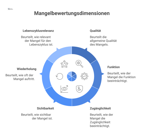  Ein Hub-and-Spoke-Diagramm zur Mangelbewertung mit Speichen für Dimensionen wie Qualität, Funktion und Sichtbarkeit auf einer farbcodierten Skala.