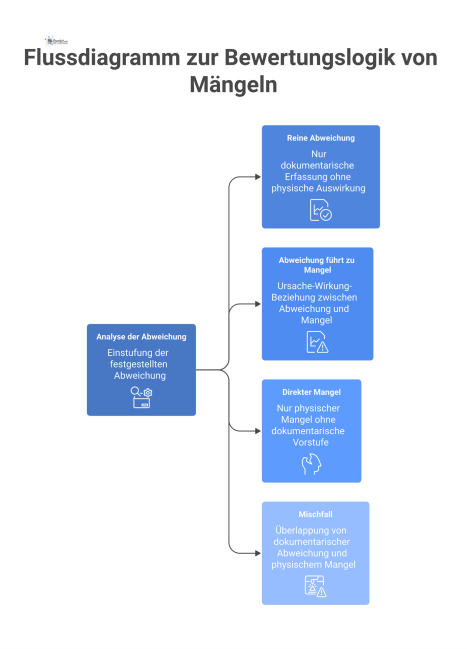 Flussdiagramm, das die Bewertungslogik von Mängeln in vier Kategorien visualisiert: reine Abweichung, Abweichung mit Mangel, direkter Mangel und Mischfall. 