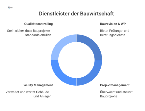 Cluster-Diagramm, das Dienstleister der Bauwirtschaft in die Gruppen Baurevision, Projektmanagement, Facility Management und Qualitätscontrolling einteilt, mit Firmenbeispielen. 
