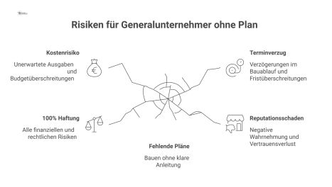  Ein Generalunternehmer steht auf brechendem Eis, bedroht von Pfeilen mit den Risiken Haftung, Kosten, Terminverzug und Reputationsschaden. 