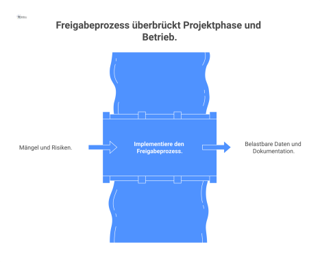  Prozessflussdiagramm des Freigabeprozesses als Tor, das die Projektphase mit Prüfungen von der Betriebsphase mit sicherem Betrieb trennt. 