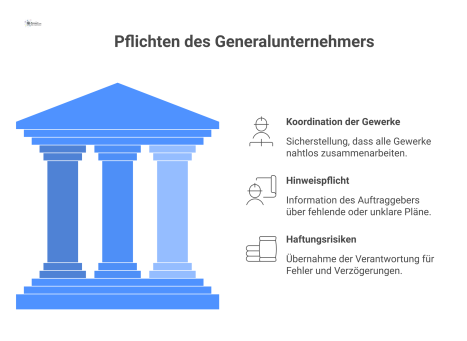 Diagramm der Pflichten im Bauvertrag, das den Generalunternehmer, Auftraggeber und Gewerke sowie die resultierenden Haftungsrisiken darstellt. 