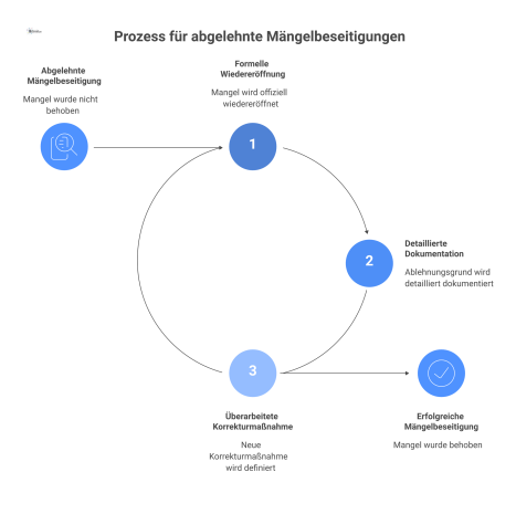 Flussdiagramm als Kreislauf, das den Prozess nach einer abgelehnten Mängelbeseitigung mit drei parallelen Aktionen vor dem Neustart darstellt. 