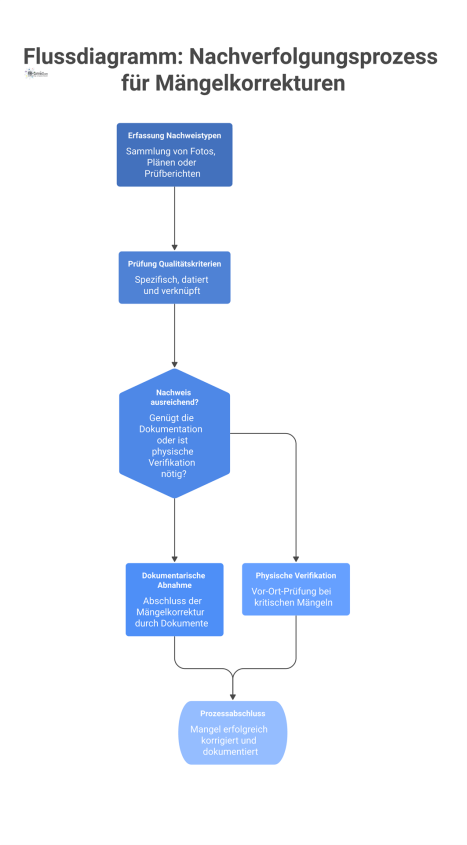 Flussdiagramm, das den Nachverfolgungsprozess für Mängelkorrekturen zeigt, mit verschiedenen Nachweistypen, Qualitätskriterien und einem Entscheidungspunkt für zusätzliche physische Verifikation.