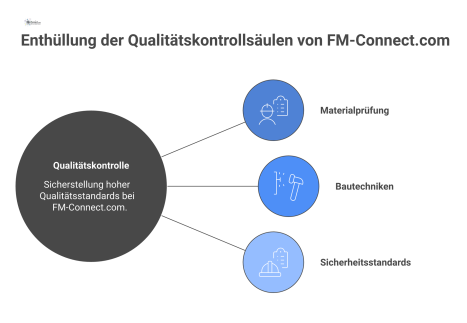 Diagramm zur Qualitätssicherung mit drei Säulen: Materialprüfung, Bautechniken und Sicherheitsstandards, zentriert um die zentrale Qualitätssicherung von FM-Connect.com.