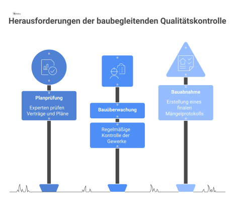 Infografik, die den Prozess der baubegleitenden Qualitätskontrolle in den drei Phasen Planprüfung, Bauüberwachung und Bauabnahme visuell darstellt. 