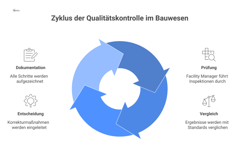 Flussdiagramm des Qualitätskontrollzyklus im Bauwesen, das die vier Schritte Prüfung, Vergleich, Entscheidung bei Mängeln und abschließende Dokumentation darstellt. 