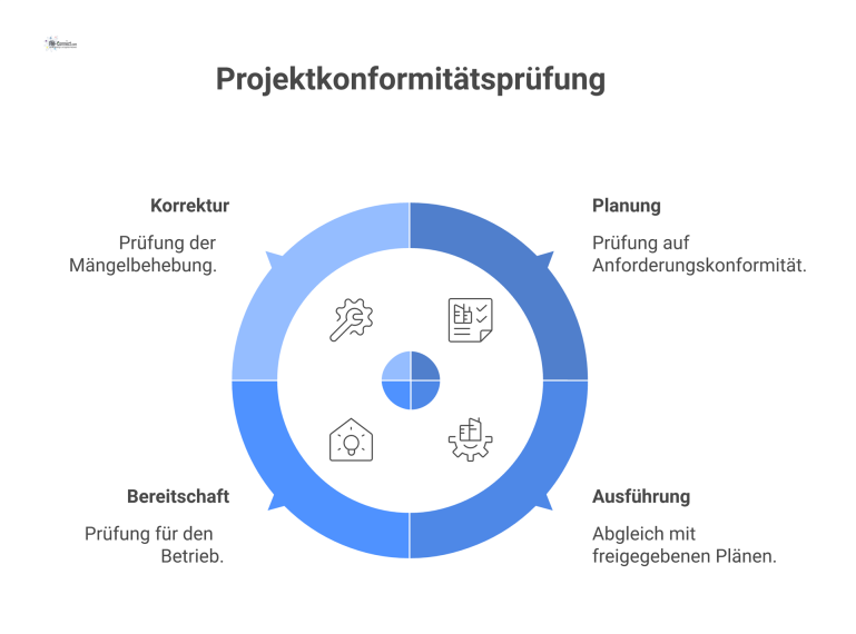 Infografik zur Verifizierung der Projektkonformität Infografik, die den Prozess der Projektkonformitäts-Verifizierung in vier Schritten darstellt: Planung, Ausführung, Bereitschaft und Korrektur.