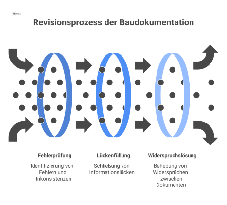 Diagramm des Revisionsprozesses von Baudokumenten, der die Prüfung zur Erstellung einer vollständigen Arbeitsgrundlage für das Facility Management zeigt. 
