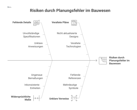 Ursache-Wirkungs-Diagramm, das Planungsfehler wie fehlende Details und deren Auswirkungen wie Nacharbeit und Koordinationskonflikte im Bauwesen aufzeigt.