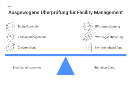 Diagramm zum Prozess der Dokumentenprüfung, unterteilt in die drei Säulen Machbarkeitsanalyse, Betriebsprüfung und regulatorische Konformität zur Anforderungssicherung. 